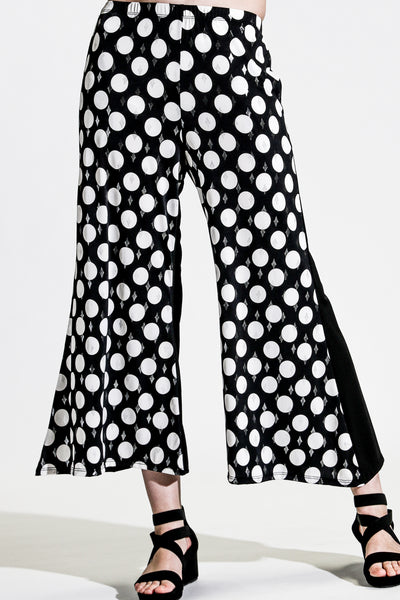 Khangura black white polka dot pull-on capri pants Luxurious classic palazzo pants. Artsy yet comfy pants made in USA offered by Khangura online boutique.
