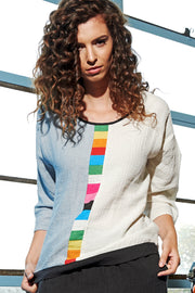 Khangura Artsy and comfy bomber top. Natural fiber linen top in multi color. Unique boutique style blouse. Edgy yet elegant fashion top.