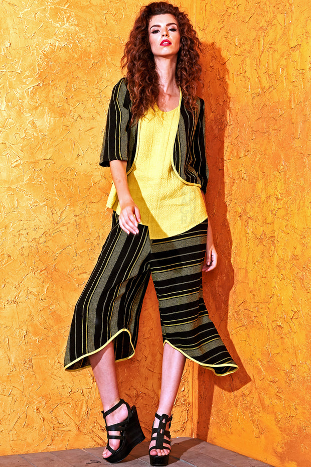 Khangura Stylish pull-on culotte pant. Funky yet classy black yellow cropped pants. Comfy palazzo pants made in USA.