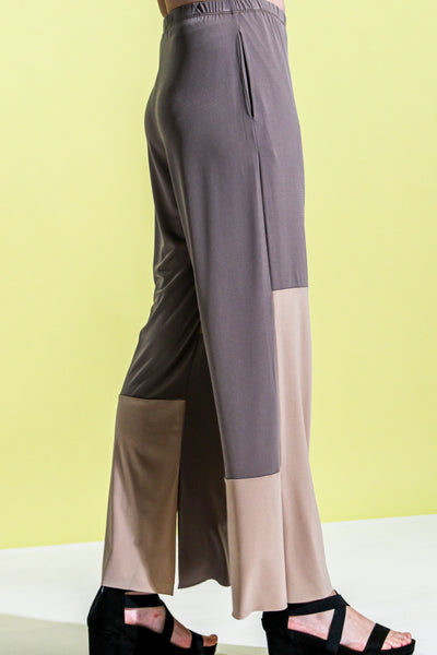 Khangura Two tone Montage Pants. Buttery Knit Jersey in Porcini and Tan. Ankle Length Pull-on Pants, High-End Ultra Soft Comfy Pants USA-Made.