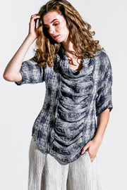 Khangura Designer Linen Top in elegant denim blue color with a cowl neck design. One of A Kind Unique Womens Clothing Blouse Made in the USA.