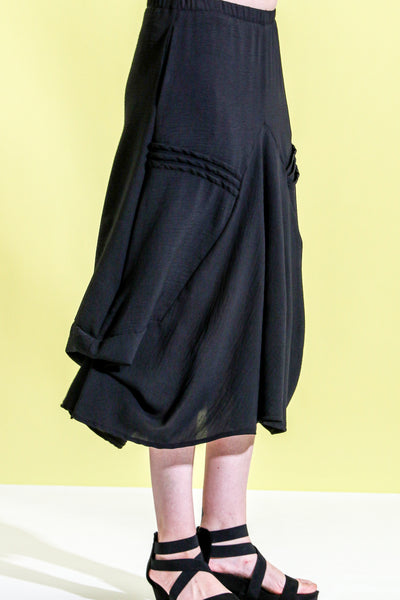 Khangura Mid-Length designer Skirt in Black Crepe Fabric. Funky yet Elegant Skirt. Classy Black Skirt. Long Skirt for Mid-age Women of all shapes and sizes.