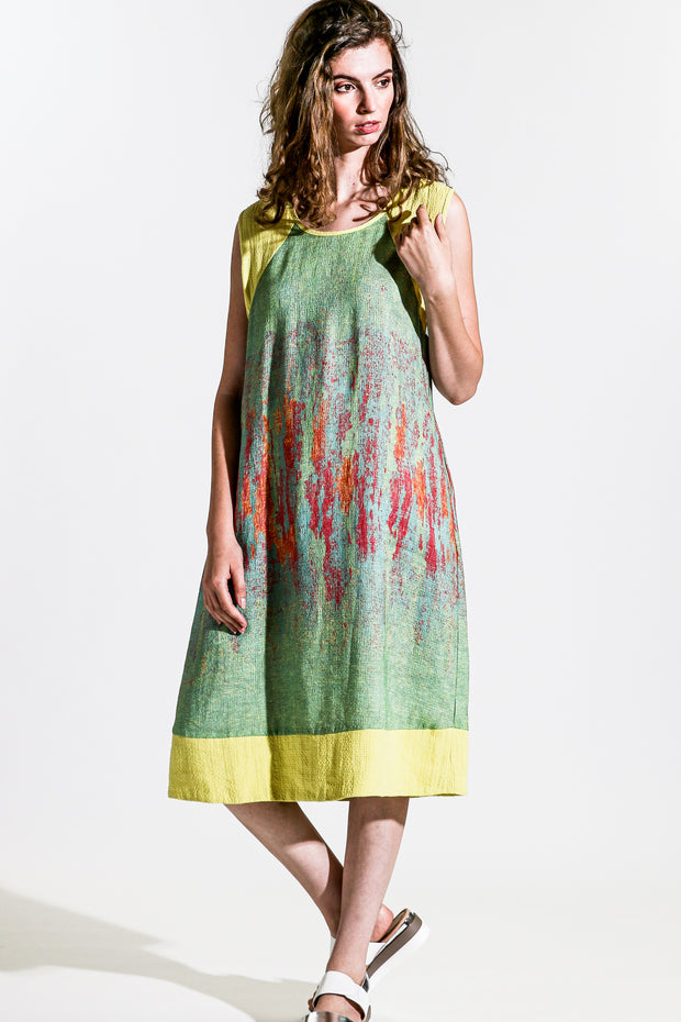 Khangura Art to Wear Unique Dress in Apple Green and Bright Yellow Colorful Dress in High-End Natural Fiber Linen Blend. Elegant Contemporary Dress Made in the USA.