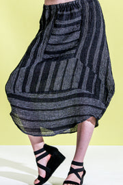 Khangura Designer skirt with play of stripes. Unique design Made in USA by Shop Khangura. Funky yet Classy and Comfy Pull-On Skirt USA-Made. Edgy yet Elegant Art to Wear Clothing Skirt.