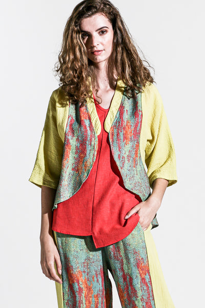 Khangura Artful Crop Jacket in Green and Yellow High-End Linen. Comfy Natural Fiber Colorful Short Jacket. Funky yet Elegant Summer Jacket Made in USA