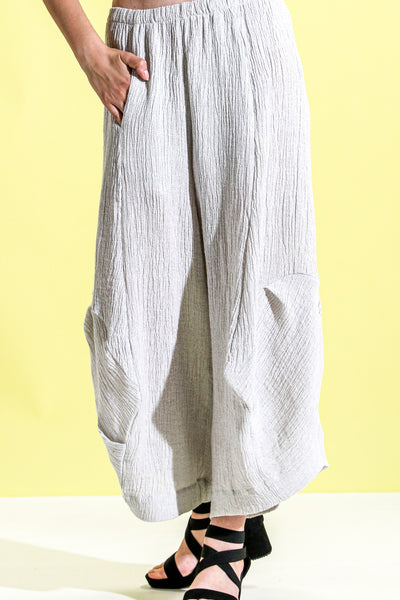 Khangura Art To Wear Comfy Pants USA-Made by Khangura Online Fashion Boutique. Unique White Cream Crinkled High-End Natural Fiber Linen Pants by Shop Khangura Designer Clothing.