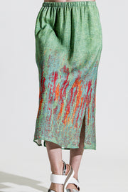 Khangura Art to Wear Long Skirt in Apple Green and Bright Yellow Colorful Skirt in High-End Linen Blend. Elegant Contemporary Skirt Made in the USA.
