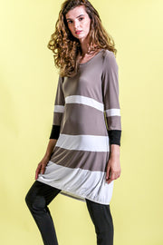 Khangura Luxurious Jersey Knit Dress in Porcini and Creme. Funky yet Elegant Dress. Long Sleeve Short Dress. Cute Dress Made in the USA.