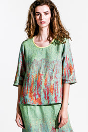 Khangura Art Print Top in Lime Green Colors. Womens Clothing Top Made in USA. Elegant High-End Linen Blend Short Sleeve Blouse.