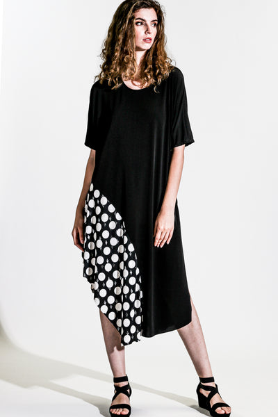 Khangura Black Dress with Polka Accent in Luxurious Jersey Knit. Comfy Dress USA-Made. Unique Trendy Style Black White Short Sleeve Dress.