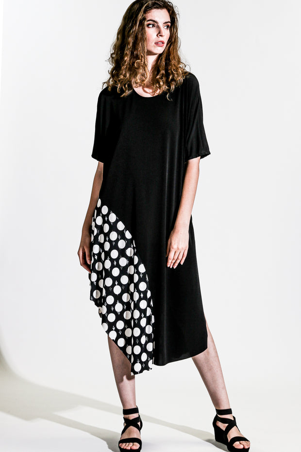 Khangura Black Dress with Polka Accent in Luxurious Jersey Knit. Comfy Dress USA-Made. Unique Trendy Style Black White Short Sleeve Dress.