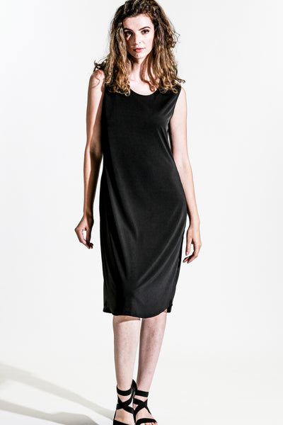 Khangura Ultra Soft Jersey Comfy Black dress. Basic Sleeveless Long Dress. Washable Easy-Care Little Black Dress Made in USA. 
