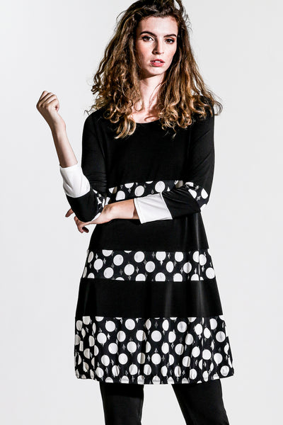 Khangura Luxurious Jersey Knit Dress. Black Little Dress for any occasion. Polka dots bands stunning Black and White Dress. Long Sleeve Pretty Little Dress. Super Soft Jersey Dress Made in USA.