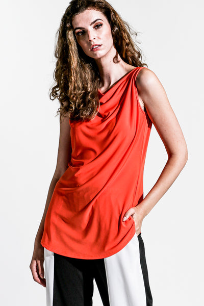 comfortable cute cowl neck top for women by Khangura. supper fine upscale women's blouse. funky yet classy tank top. Cowl Neck Comfy Trendy Designer Tank Top in Orange Shade.