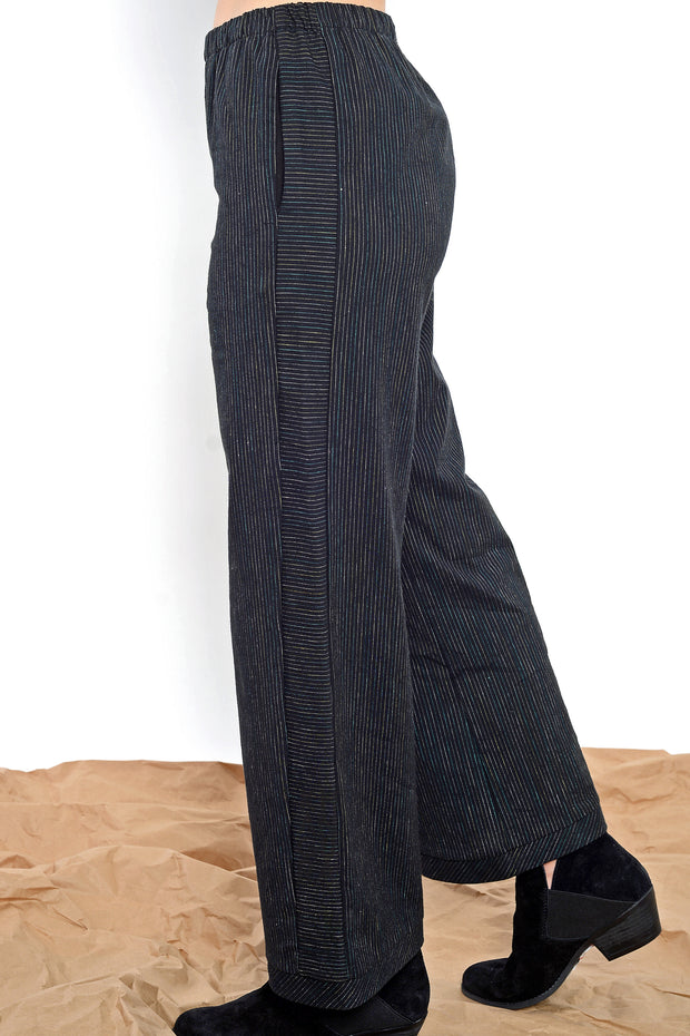 Khangura Side-Stripe Straight Panel Pants in Black Pinstripes by Shop Khangura. Artistic and Unique High-End Pull-On Comfy Pants USA-Made.