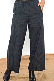 Khangura straight panel pants in black pinstripes by Shop Khangura Made in USA. Stylish Natural Fiber Pull-On Pants with side pockets. Artistic Pants USA-Made. 