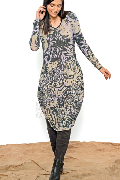 Khangura Wild Animal Print Dress. Designer Safari Print Jersey Knit Long Sleeve Dress by Shop Khangura Made in USA.