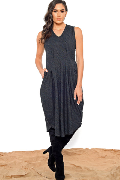Khangura edgy yet elegant black dress. Multi Color Pinstripes on Black Natural Fiber Comfy Designer Dress by Khangura. Artistic Pleated Sleeve-less Dress for All Ages and Shapes.
