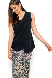 Khangura Boucle Tank top in black with a V-neck comfy tank top made in USA. Offered by Khangura, a brand of elegant womens clothing made in USA. Black Designer Tank Top. High-End Black Comfy Boucle Sleeve-less Top.