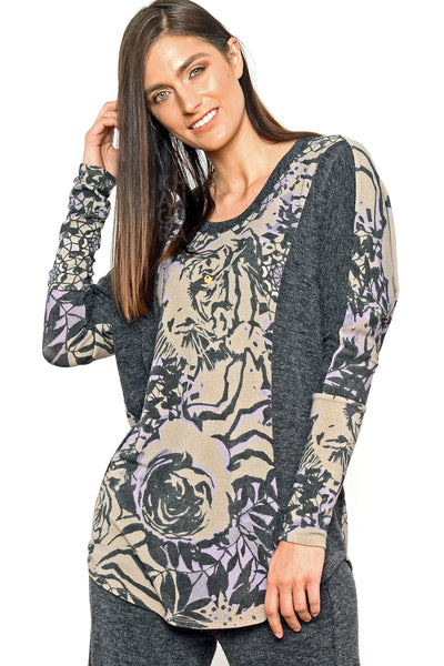 Khangura luxurious wild pattern top by Shop Khangura. Funky yet classic boutique style womens clothing top. Artful yet comfy clothing made in USA.