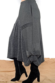 Khangura Unique Grey waterfall skirt. Designer skirt by Khangura is made in USA. Luxurious jersey knit and Luxe Tweed.