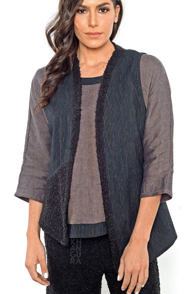 Khangura black asymmetrical vest by Shop Khangura. Natural fiber clothing.  Artful and comfy womens clothing jacket made in USA. Art to Wear Vest for Womens of All Ages and Sizes.