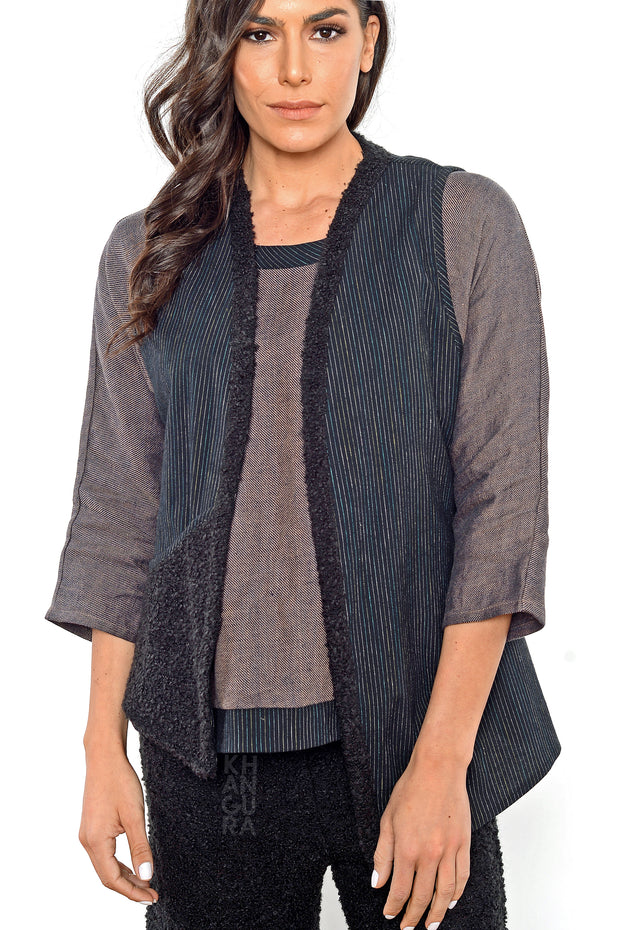 Khangura black asymmetrical vest by Shop Khangura. Natural fiber clothing.  Artful and comfy womens clothing jacket made in USA. Art to Wear Vest for Womens of All Ages and Sizes.
