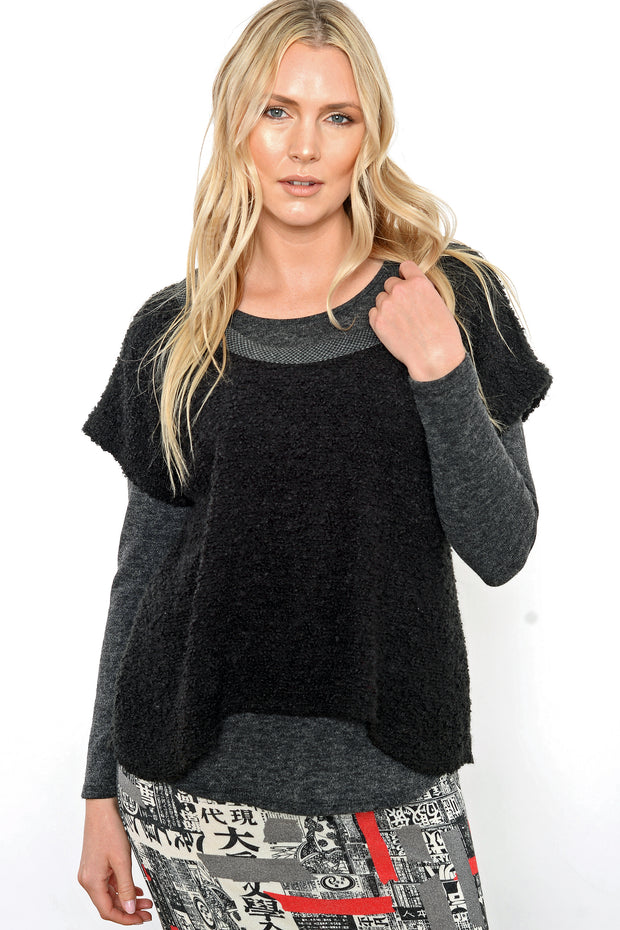 Khangura Black Bouclé Short-Sleeved Sweater. Good quality Sweater. High end fashion. Made in the USA.  Unique top by Shop Khangura. Fall 2020 Fashion