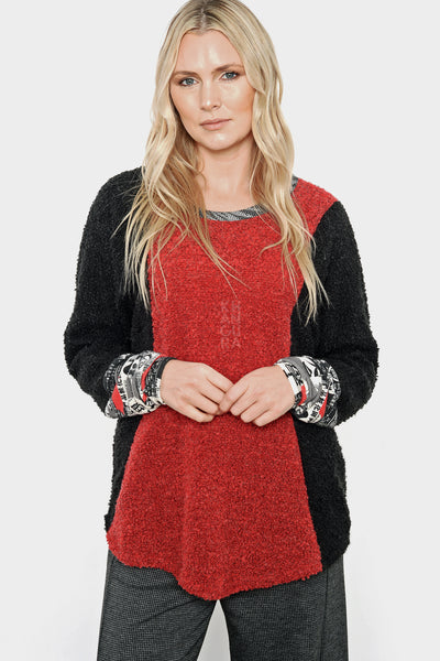 Khangura Red and Black Bouclé Tunic Top by Shop Khangura. Funky yet classic boutique style high-end womens Top. One of A kind, Artful and comfy top made in USA. Colorful Red and Black Long Sleeve Tunic Top for Womens of All Ages and Shapes from XS to 3X.