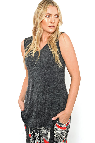 Khangura Jersey Knit Tank top in Charcoal with a V-neck comfy tank top made in USA. Offered by Khangura, a brand of Boutique clothing made in USA
