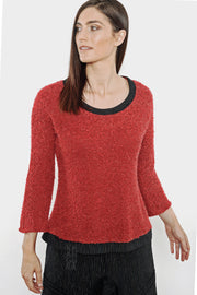 Khangura Red Bouclé Long-Sleeved Sweater Tee. Good quality Sweater for Fall Winter. High-End Fashion Made in the USA. Unique Top by Shop Khangura. Fall 2020 Fashions. 3/4 Sleeve Rouge Color Fluffy Sweater Top.