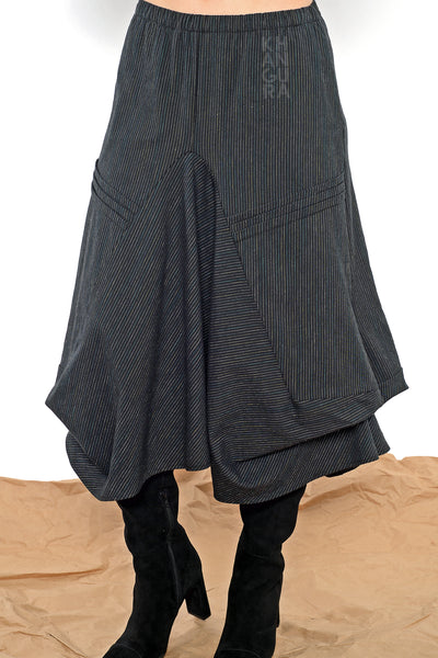 Khangura Unique Black waterfall skirt in Pinstripe Stretch Cotton. Designer Long skirt by Khangura is made in USA. Pull-On Artsy Full Skirt. Full Swing Skirt in High-Quality pinstripe pattern. USA-Made.