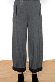 Khangura Houndstooth Tweed Lantern Gray Pants by Shop Khangura. Made in the USA comfy pull-on pants. Fashion palazzo pants. Pleated hemline with boucle cuff and slimming pockets.