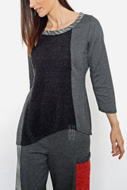 Khangura Long-Sleeved Charcoal Black Top in Tweed and Boucle. Good quality Sweater. High End Fashion. Made in the USA.  Unique Top by Shop Khangura. Fall Winter 2020 Fashion Tunic Top.