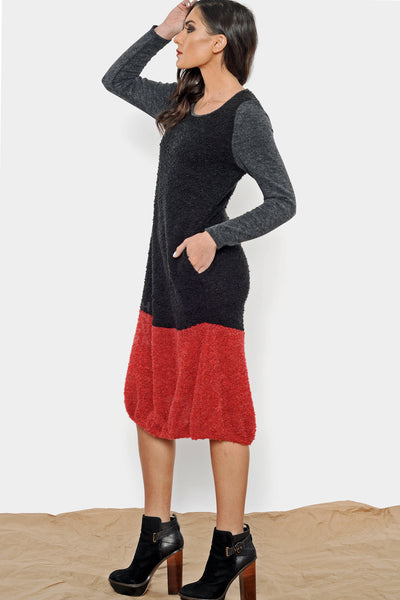Khangura elegant black and red dress in Luxe Bouclé. Designer Dress by Khangura. Long Sleeve High-Fashion Dress.