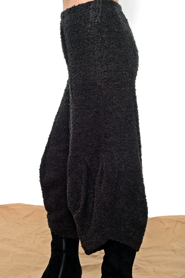 Khangura Designer Pants in Black Boucle. Pleated Bottom High-End Pull-On Palazzo Pants Made in The USA. Unique Style Black Pants. 