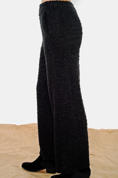 High-End Black Boucle Pull-On Comfy Pants USA-Made. Long Black Fashion Pants by Khangura.