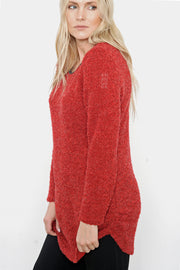 Khangura long Red Sweater in Comfy Boulce Made in USA. Red Long Sleeve Tunic Top with jewel neckline. Cozy Trendy Designer Tunic Top for Fall Winter 2020.