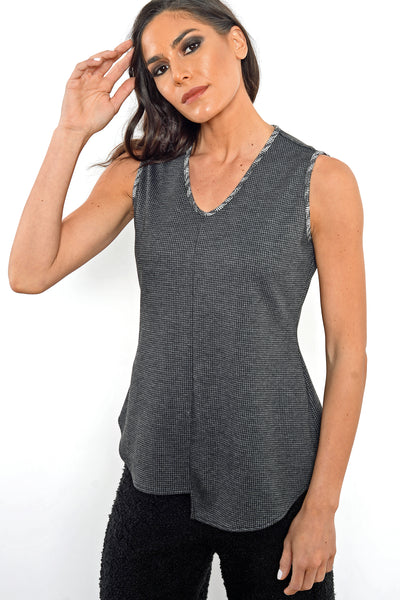 Khangura Houndstooth Tweed Tank Top in Gray with a trimmed V-neck. Comfy tank top made in USA. Offered by Khangura, a brand of Unique clothing made in USA