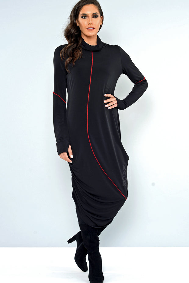 Khangura One of A kind unique Long Black Dress with Red Stripes. Long Sleeve with thumb holes and cowl neck design made in the USA. Black High Fashion Designer Dress.