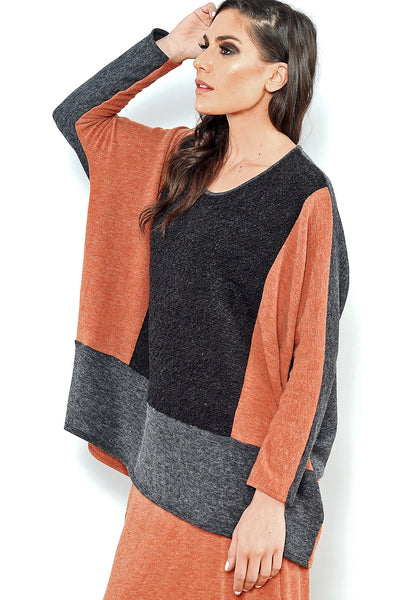 Art to wear big tunic top by Khangura. Sophisticated colorful fall-winter 2020 tunic top. Comfy Designer Blouse USA-Made. rust and black high-end big shirt. soft cashmere-like high-quality jersey top for women of all ages.