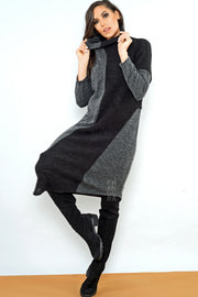 Khangura Black Bouclé and Gray Jersey Knit Turtle Cowl Neck Dress by Shop Khangura. Funky Yet Classic Boutique Style Womens Clothing. Artful and Comfy Clothing Made In USA. Unique Designer Dress made in California.