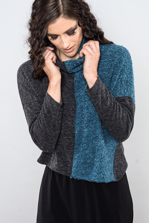 Khangura Turtleneck Crop Teal and Charcoal Sweater Top by Shop Khangura. Comfy Blouse for Fall-Winter 2020. Elegant and Unique Top Made in the USA.