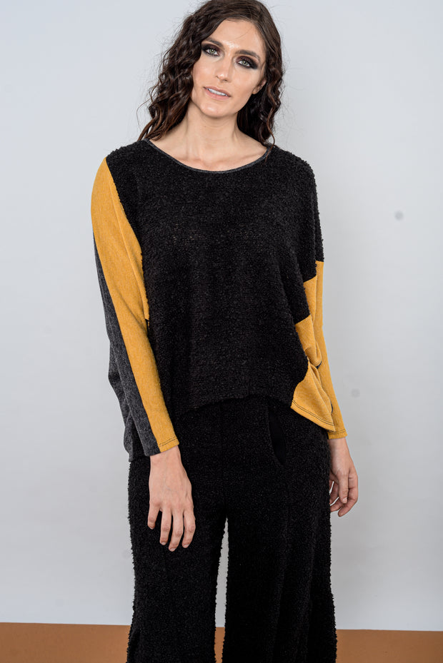Khangura Black Bouclé and Mustard Gold Jersey Knit Top by Shop Khangura. Funky Yet Classic Boutique Style Womens Top. Artful and Comfy Blouse Made In USA. Beautiful Shades of Fall-Winter 2020 This Top is Simply Stunning.