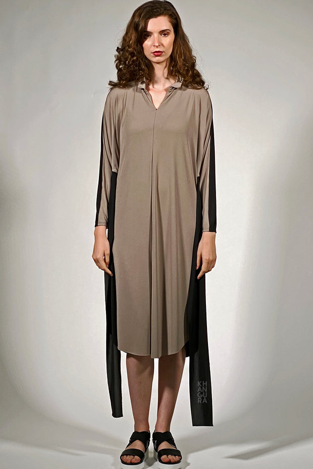 Khangura artful and comfy made in USA tunic dress. Fabulous over 40. Funky yet classy long sleeve taupe and black boutique clothing dress.Unique dress by ShopKhangura.