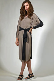 unique dress. dramatic design tunic dress. taupe with black confortable ladies fashion in travel wear. distinctive dress clothes. Artsy designer boutique like dress. Artimino by Khangura.