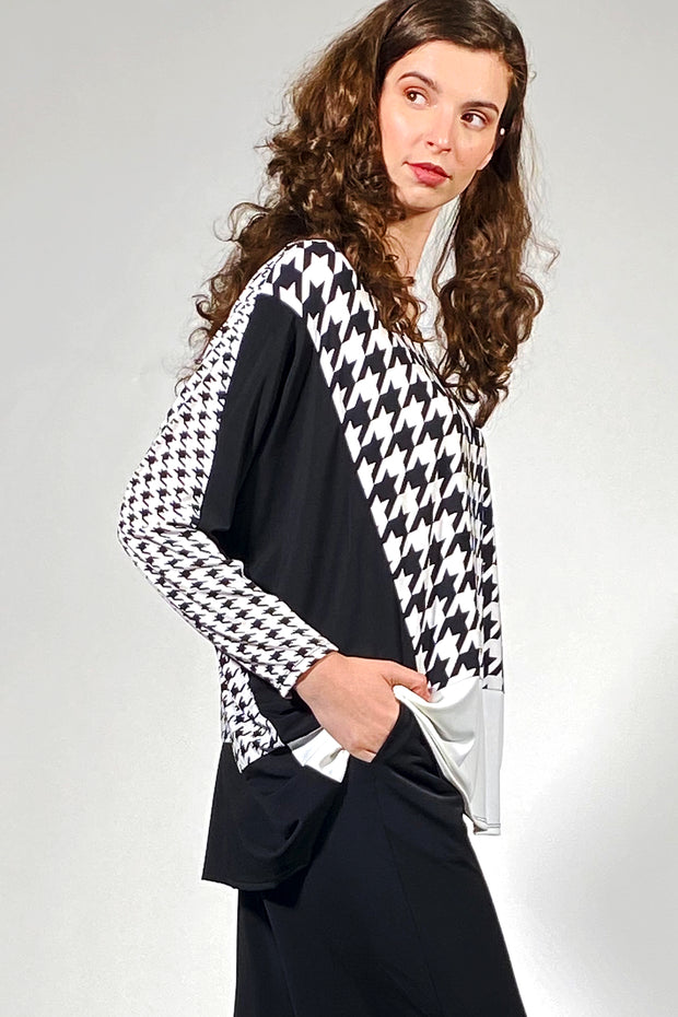 Khangura luxurious black white check pattern top by Khangura. Funky yet classic boutique style womens clothing top. Artful yet comfy clothing made in USA.