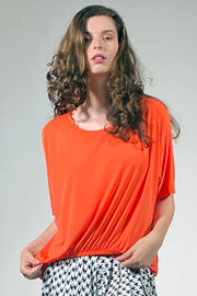 luxury women's top, short sleeve cute top for ladies. trendy summer top. coral ruched top from Khangura.