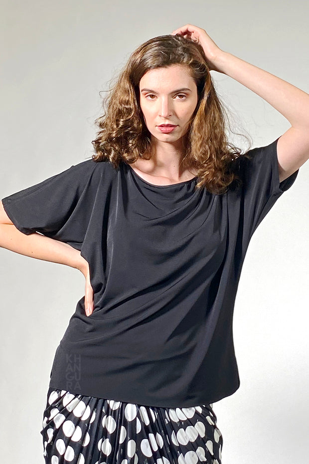 Khangura summer black top. Luxurious and elegant clothing for women. Best short sleeve basic fashion top in soft jersey knit. Stylish Clothes for 70 year old woman. Comfy clothing made in USA.